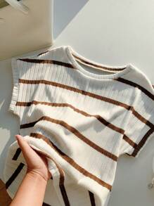 Comfortcana 女式休闲撞色条纹蝙蝠袖T恤，夏季 - 咖啡棕 - 查看 7