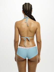 SUMWON WOMEN Bow Detail Bikini With Delicate Lace Trim Halter Top Boy Shorts Swimwear Beachwear Summer Beach Fashion - Blue - View 2