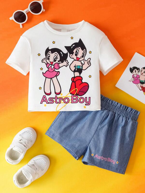 Astro Boy X SHEIN Baby Girl Summer Cartoon Cute White Casual Versatile Short Sleeve T-Shirt And Blue Imitation Denim Shorts Set