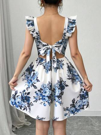 Rafferiza Summer Elegant Random Floral Print Tie-Up Backless Dress