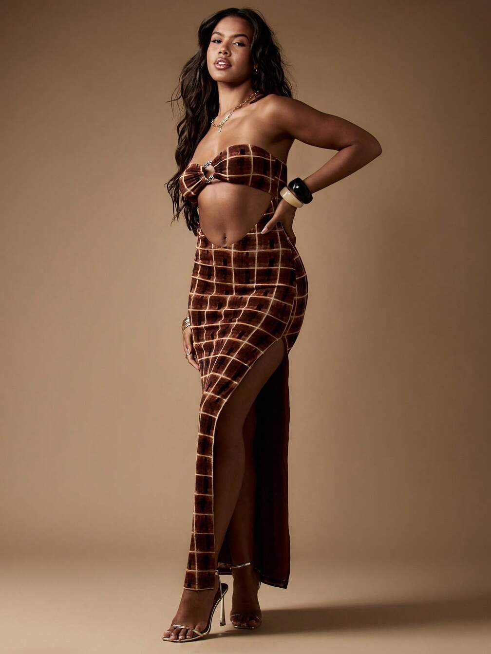 maxi slit cut dress Luli Fama: Fitted Side Slit Maxi Dress (L841I65-111) XS
