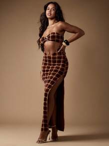 MISSGUIDED Plaid Pattern Cut Out Knitted Maxi Dress Evening Gown Side Slit Crystal Ring Detail High Fashion Formal Dress Special Occasion Wear - Brown - View 1