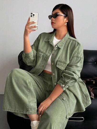 SHEIN ICON Veste en jean décontractée ample à manches longues et une seule rangée de boutons pour femmes grandes tailles