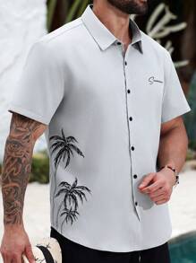 Manfinity Homme Plus Size Men's Palm Tree Print Short Sleeve Single Breasted Casual Shirt, Grey Shirt For Men, Men Short Sleeve Gray Shirt, Shirts For Men Summer - Grey - View 3
