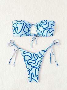 Swim Mod Printed Random Circle Decor Bandeau Twist-Front 2pcs Bikini Set For Summer Beach Vacation - Blue - View 3