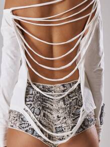 MUSERA Asymmetrical Shoulder Shredded Back Long Sleeve Jersey Oversized Top Spring, Summer, Holiday, Vacation, Ibiza, Festival, Rave, Cool Girl