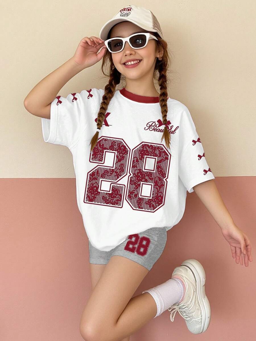 SHEIN Leap Crew 2 件套青少年女孩休闲简约短袖 T 恤和短裤套装,适合夏季 - 彩色 - 查看 1