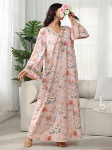 Al Najma 女式 V 领花卉蕾丝褶饰拼布浪漫花卉优雅度假阿拉伯风格长裙，春夏季，端庄 - 彩色 - 查看 4