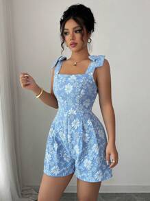 Selianne Bộ đồ liền thân vải có họa tiết không dây hở lưng buộc nơ cho lễ hội âm nhạc dành cho nữ - Màu xanh lam - Xem 5