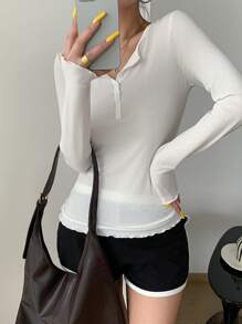 DAZY Maglietta a maniche lunghe trasparente basic con collo tondo e vestibilità slim, da donna