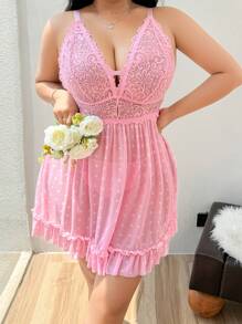 SHEIN 2pcs Plus Size Lace Contrast Mesh Sexy Lingerie Set