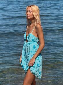 SHEIN ICON 女士海滩度假风格新款蓝色串珠刺绣细肩带连衣裙，夏季 - 淺藍色 - 查看 4