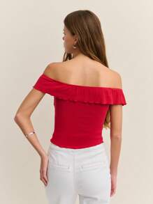 Nöista Off Shoulder Top With Ruffle Detail, Bardot Neckline Summer Lettuce Hem Vacation 4th Of July Top - Red - View 2