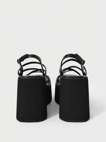 Sugerpunk 女士方头厚底坡跟踝带凉鞋，哥特朋克风格交叉带粗高跟露趾鞋，舒适休闲通勤派对装