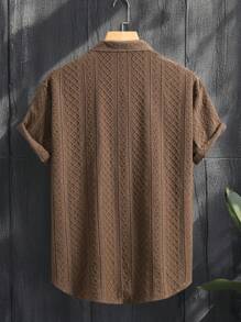 Manfinity Homme Men's Solid Color Single-Breasted Knitted Argyle Casual Short Sleeve Shirt Brown Shirt Men