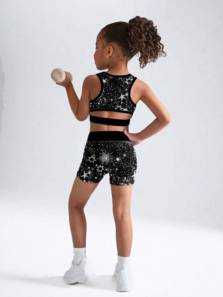 少女黑色扎染/星星印花无袖上衣背心+短裤套装，运动装，适合节日、运动、户外、四季 - 黑與白 - 查看 1