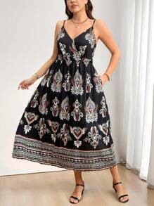 SHEIN Clasi Plus Size Women Black Elegant Holiday Positioning Floral Print Bohemian Style Sleeveless Dress,Autumn Vacation,,Old Money Summer Outfits - Multicolor - View 1