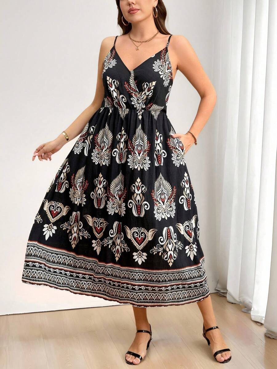SHEIN Clasi Plus Size Women Black Elegant Holiday Positioning Floral Print Bohemian Style Sleeveless Dress,Autumn Vacation,,Old Money Summer Outfits - Multicolor - View 1