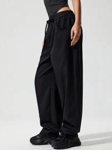 Menodora SHEIN Sport Pantalones largos casuales y sueltos de unicolor tejidos para mujeres - Negro - Ver 7