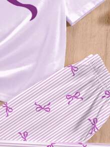 SHEIN 女童两件套宽松休闲短袖上衣和裤子睡衣套装 - 彩色 - 查看 5