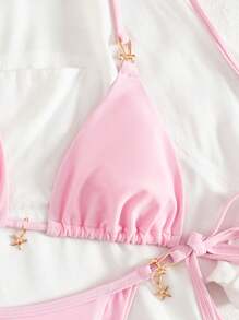 Swim Mod 2 件套女士性感纯色吊带海星装饰粉色比基尼泳裤和侧系带粉色比基尼泳裤夏季海滩度假泳衣