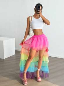 SHEIN EZwear Váy thời trang cao thấp lưới nhiều màu cạp chun cho nữ - Nhiều màu - Xem 5