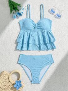 SHEIN 2 件镂空纯色泳衣套装，适合海滩度假、温泉夏季泳衣 1 件青少年泳衣套装青少年夏季泳衣青少年连体泳衣青少年女童两件套