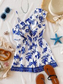 Mono con volantes a rayas azules y blancas para niñas preadolescentes, ideal para uso casual y festivo. - Multicolor - Ver 1