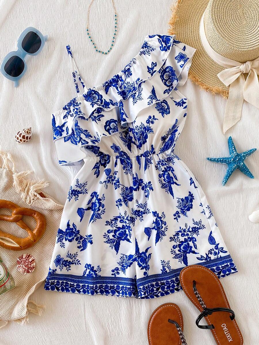 Mono con volantes a rayas azules y blancas para niñas preadolescentes, ideal para uso casual y festivo. - Multicolor - Ver 1