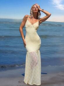 SHEIN ICON Summer Beach Hawaiian Sexy Going Out Yellow Elegant Lace Dress With Spaghetti Straps, Summer - Yellow - View 3