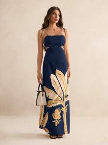 SHEIN Tall Women Boho Banana Tree Print, Hollow Waist Back Binding Sleeveless Black Dress, Holiday Casual Summer Dress - Navy Blue - View 4