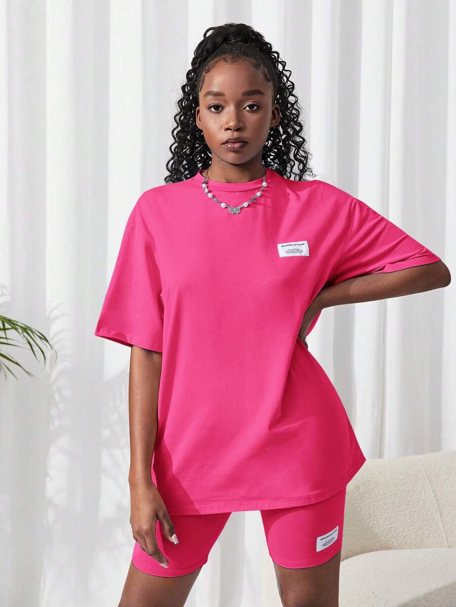 SHEIN 2pcs/Set Teen Girl Knitted Solid Color T-Shirt And Shorts Set, Mauve - Hot Pink - View 1