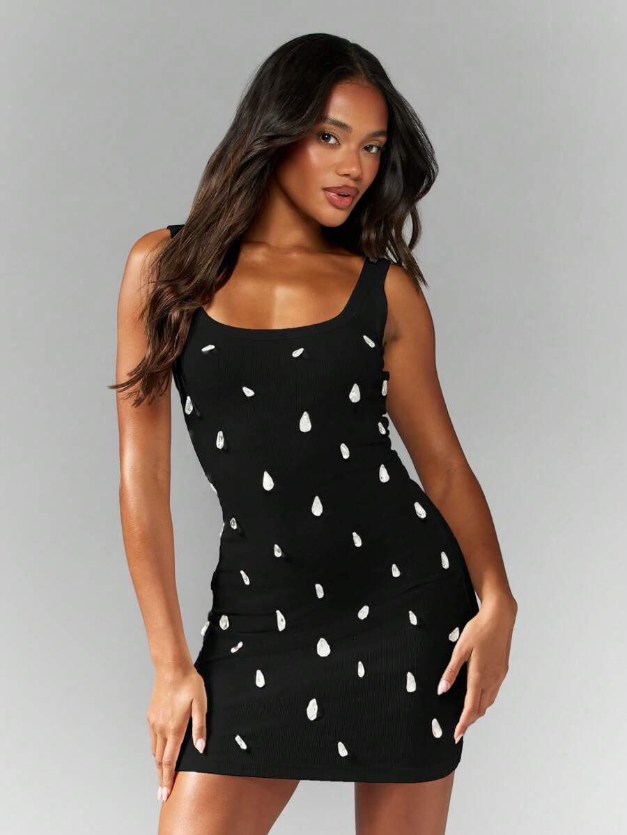 MISSGUIDED Mini Bodycon Tank Sleeveless Polka Dot Form Fitting Small Dress Party Club Casual Night Out Spring Summer Fashion - Black - View 1