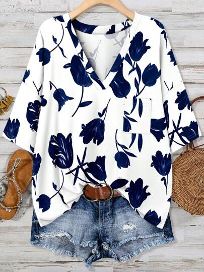 SHEIN LUNE 大码花卉印花T恤，休闲，适合夏季