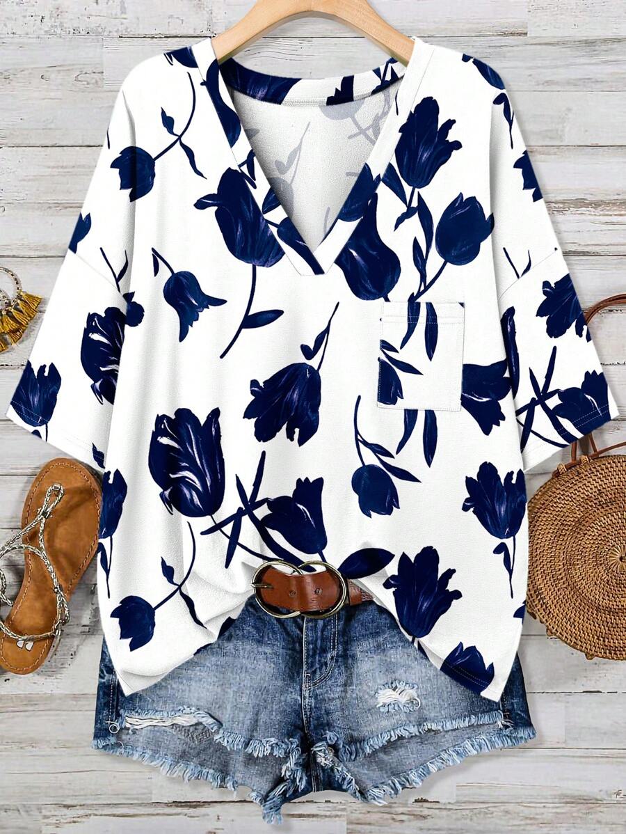 SHEIN LUNE Plus Size Floral Print T-Shirt, Casual & Suitable For Summer - Blue and White - View 1