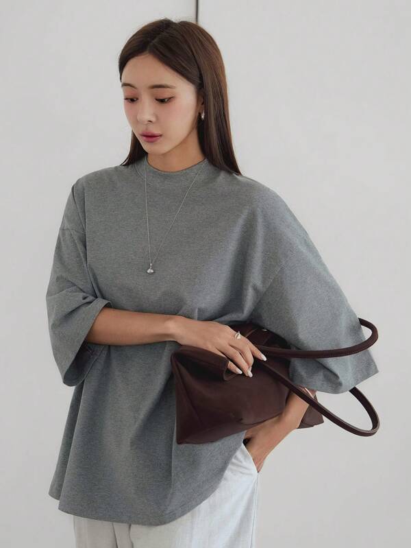 Dazy-Less Women's Loose Business Casual Solid Color Simple Short Sleeve T-Shirt
