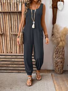 SHEIN LUNE Bộ đồ liền quần túi trơn màu giản dị cho kỳ nghỉ của phụ nữ - Màu xám đen - Xem 1