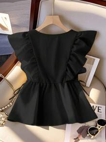 Franclia Halloween Women's Cute Cap Sleeve V-Neck Short Ruffled Hem Sleeveless Tie Front Blouse, Spring/Summer