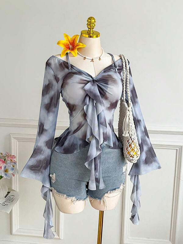 Comfortcana Spring Romantic Tie-Dye Ruffle Twist Shoulder Casual Blouse, Plus Size