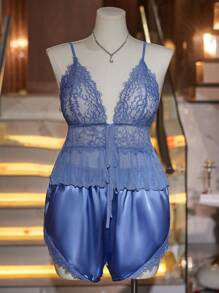 SilkySpell Lace Mesh Strap Camisole And Satin Shorts Sexy Lingerie Set - Dusty Blue - View 6
