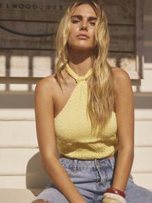 Aralina Top donna vacanziero stile estivo a tinta unita, senza schiene, a fascia, crop top