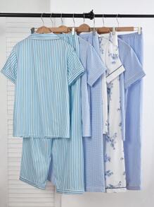 CottageSlumber Bộ 4 món/Bộ đồ ngủ sọc hoa cổ bẻ tay ngắn màu xanh nhạt dành cho nữ, họa tiết hoa rực rỡ, ấm áp và thanh lịch - Nhiều màu - Xem 2