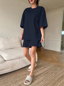 DAZY Minimalist Solid Color Oversized T-Shirt And Shorts Pajama Set