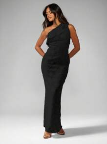 MISSGUIDED Evening Formal Devore One Shoulder Ruffle Maxi Gown Floor Length Elegant Wedding Guest Party Special Occasion Dress - Black - View 1