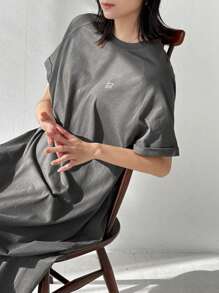 FRIFUL 女士棕色长款刺绣图案连衣裙，夏季 - 淺灰色 - 查看 2