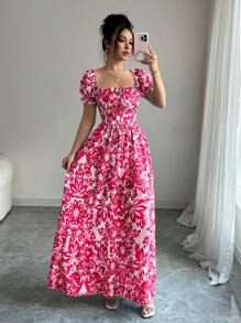 Elenzga 新款女式数码印花泡泡袖蕾丝前开襟收腰优雅连衣裙，适合约会、度假，优雅 - 紅色 - 查看 3