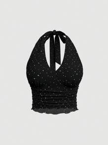 SHEIN MOD Women'S Rhinestone Embellished Halter Neck Top
