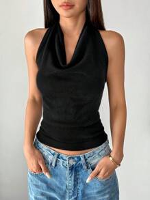 Elenzga 女士纯色垂坠领短款针织黑色背心，适合外出穿着 - 黑色 - 查看 6