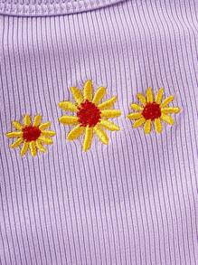 SHEIN 2pcs Young Girl Knitted Casual Sunflower Print Vest And Shorts Set, Fitted, Suitable For Summer Daily Wear - Purple - View 5