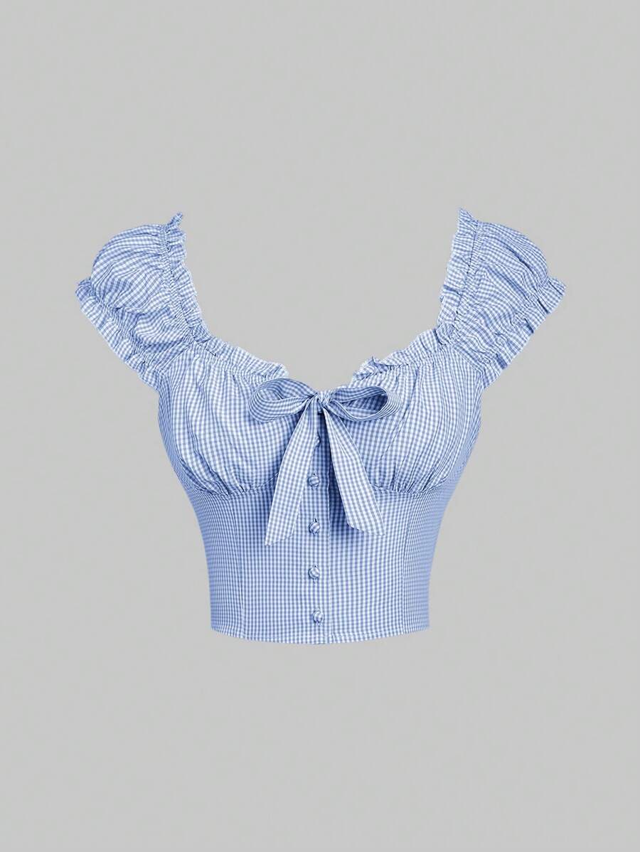 Sweetra Women's Short Sleeve Plaid Square Neck Collar Button-Up Shirt With Frill Trim And Bow, Suitable For Spring, Summer, Autumn - Blue and White - View 1